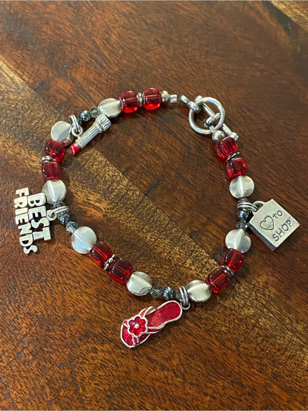 Sterling silver and red beaded BFF charm bracelet with toggle clasp 8”